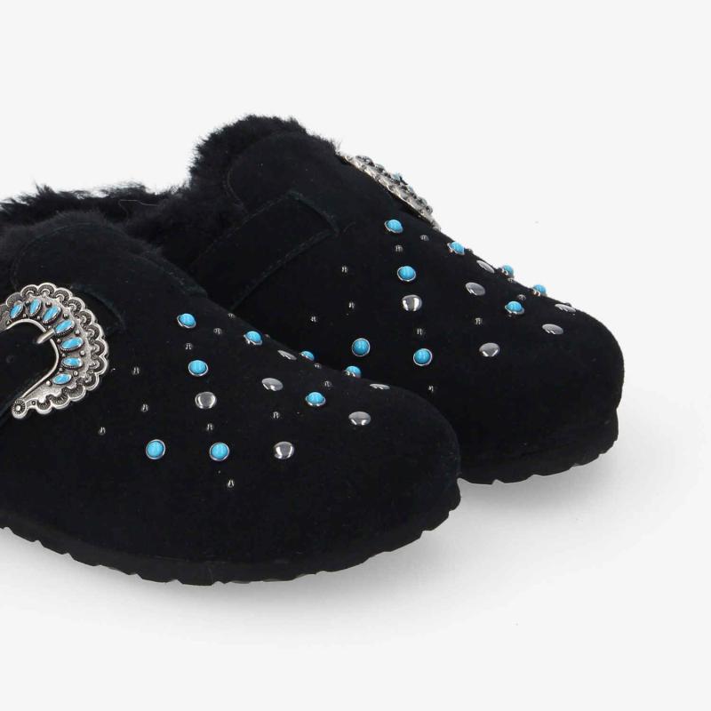 PALOMA CLOG W - SUEDE/FUR/RIVET -  NOIR/BLEU TURQUOISE